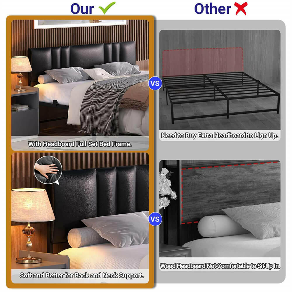 Unikito Black Metal Bed Frame with 3 Height Adjustable Headboard, Upholstered Leather Platform Bed with LED Light & Charging Station, Stable Metal Frame Support, No Box Spring Needed, Noise Free