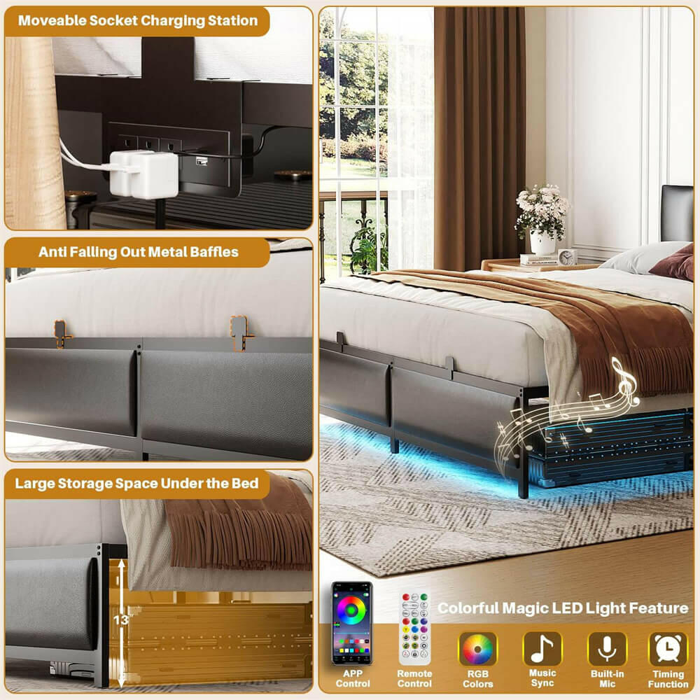 Unikito Black Metal Bed Frame with 3 Height Adjustable Headboard, Upholstered Leather Platform Bed with LED Light & Charging Station, Stable Metal Frame Support, No Box Spring Needed, Noise Free