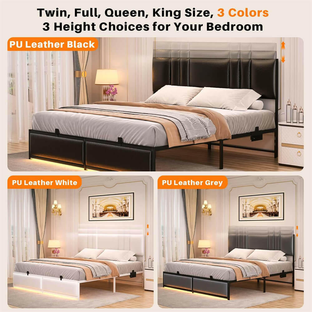 Unikito Black Metal Bed Frame with 3 Height Adjustable Headboard, Upholstered Leather Platform Bed with LED Light & Charging Station, Stable Metal Frame Support, No Box Spring Needed, Noise Free