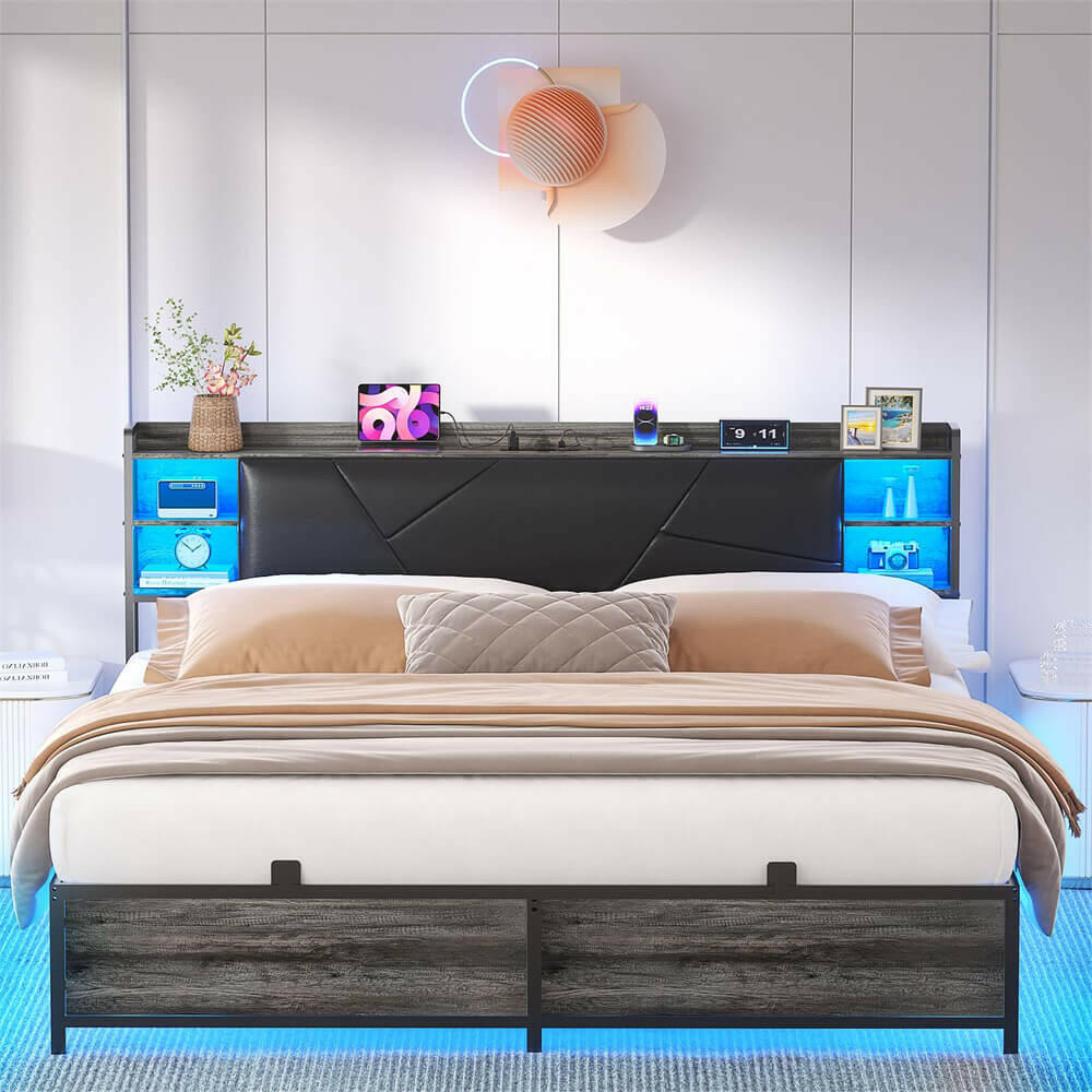 Queen Bed Frame with Upholstered Storage Headboard, Outlets, and LED Lights