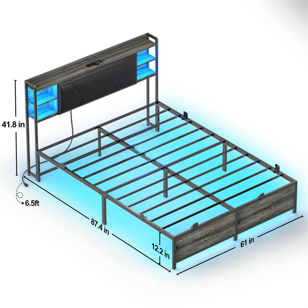 Queen Bed Frame with Upholstered Storage Headboard, Outlets, and LED Lights