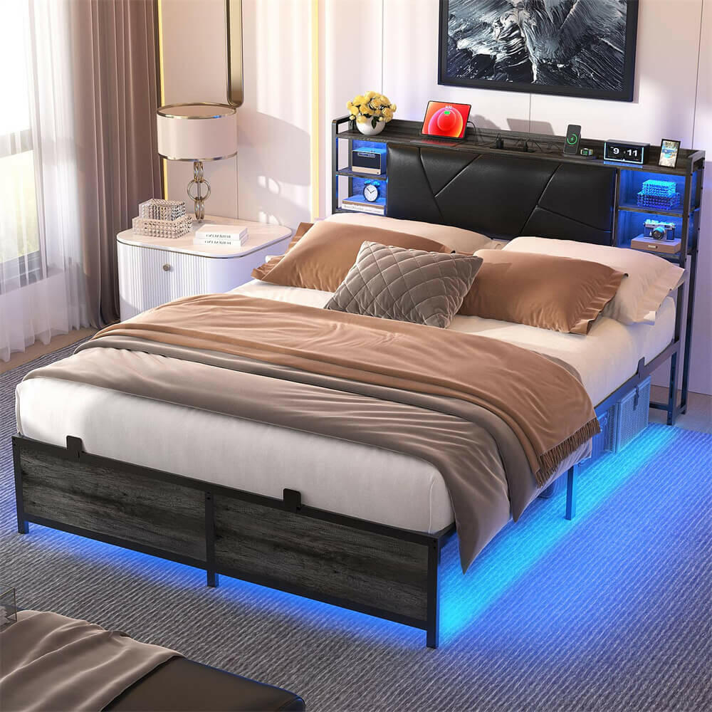 Queen Bed Frame with Upholstered Storage Headboard, Outlets, and LED Lights