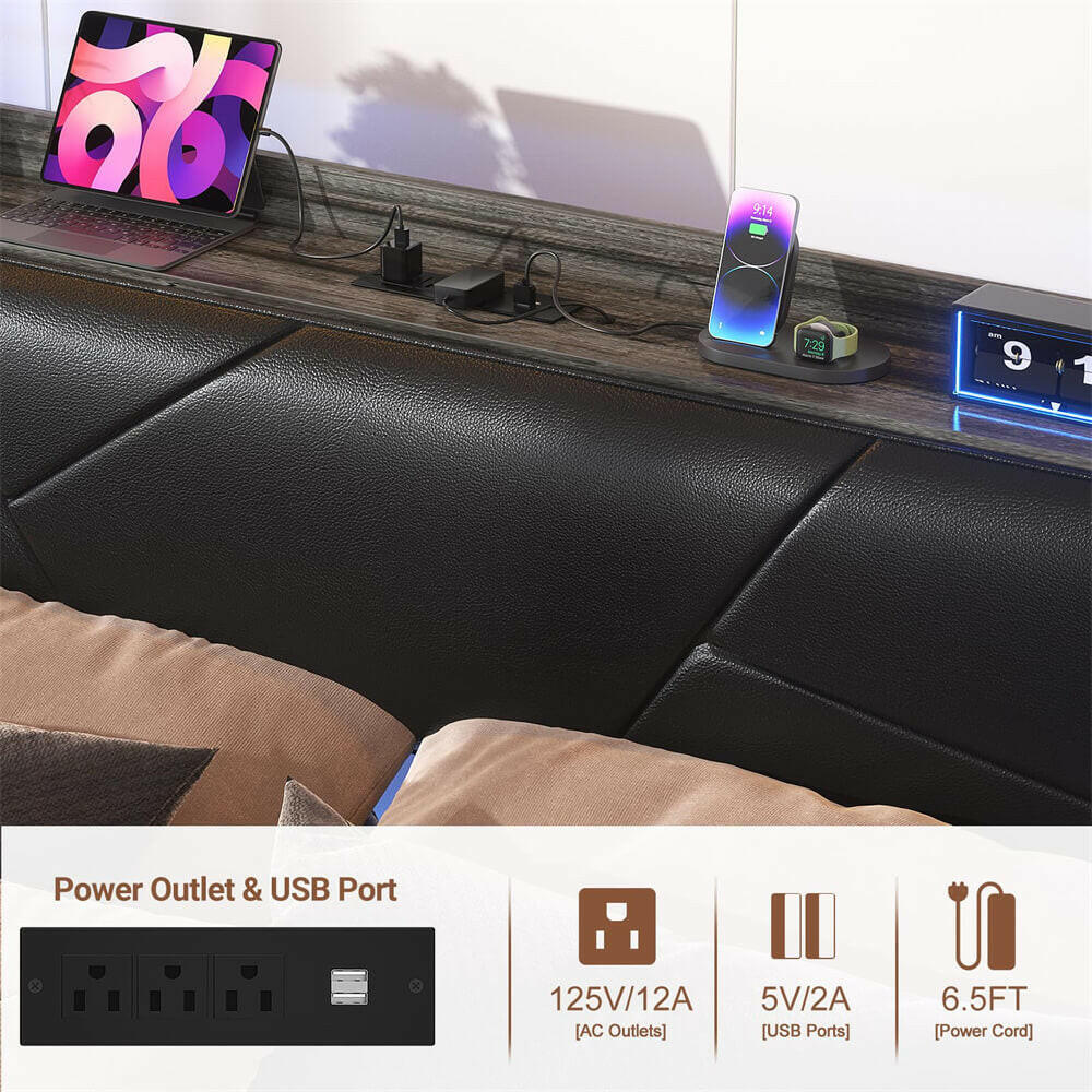 Queen Bed Frame with Upholstered Storage Headboard, Outlets, and LED Lights