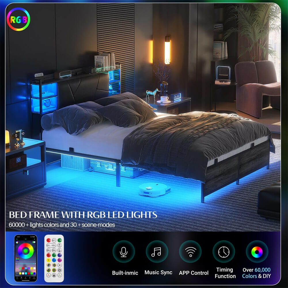 Queen Bed Frame with Upholstered Storage Headboard, Outlets, and LED Lights
