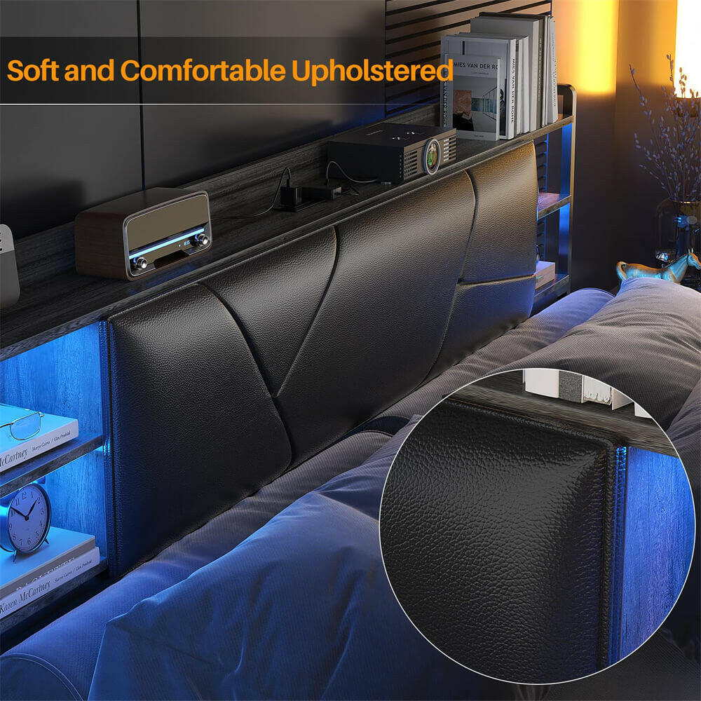 Queen Bed Frame with Upholstered Storage Headboard, Outlets, and LED Lights