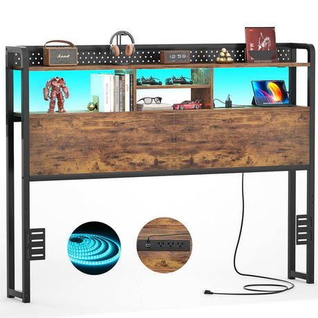 Unikito Headboard for Queen Size Bed with Storage Shelf, Head board with 3 Outlets and 2 USB Ports, Headboards with RGB LED Light, Height Adjustable, Sturdy and Stable, Easy Assembly