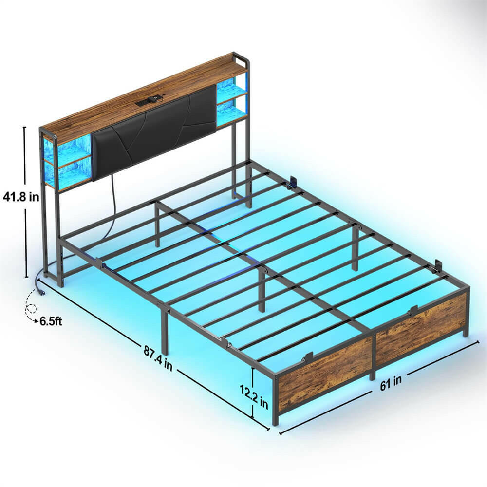 Queen Bed Frame with Upholstered Storage Headboard, Outlets, and LED Lights