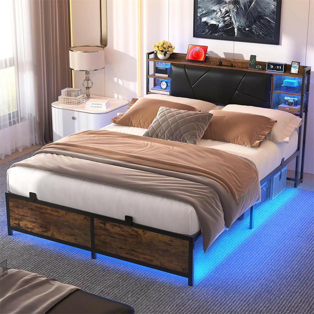 Queen Bed Frame with Upholstered Storage Headboard, Outlets, and LED Lights