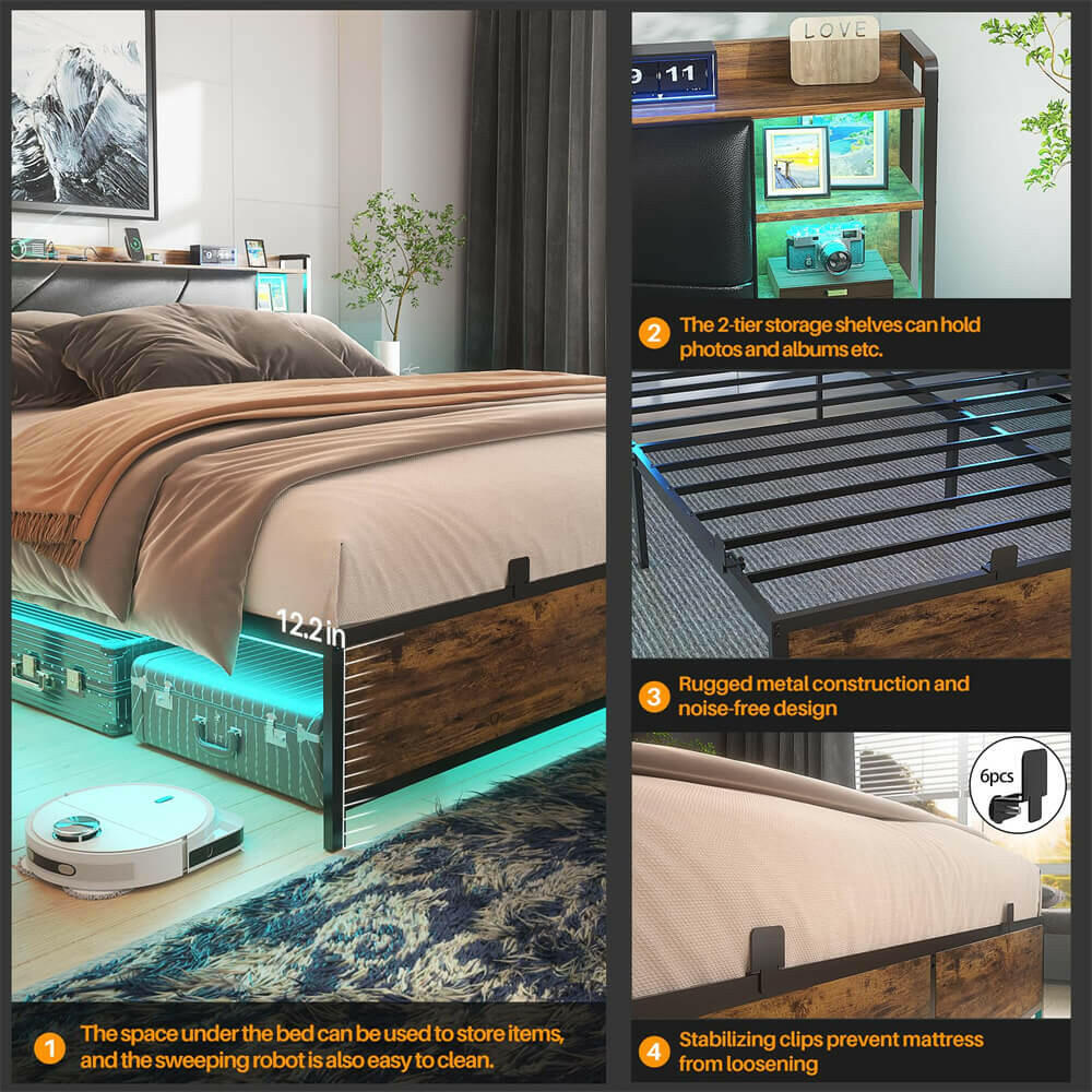 Queen Bed Frame with Upholstered Storage Headboard, Outlets, and LED Lights