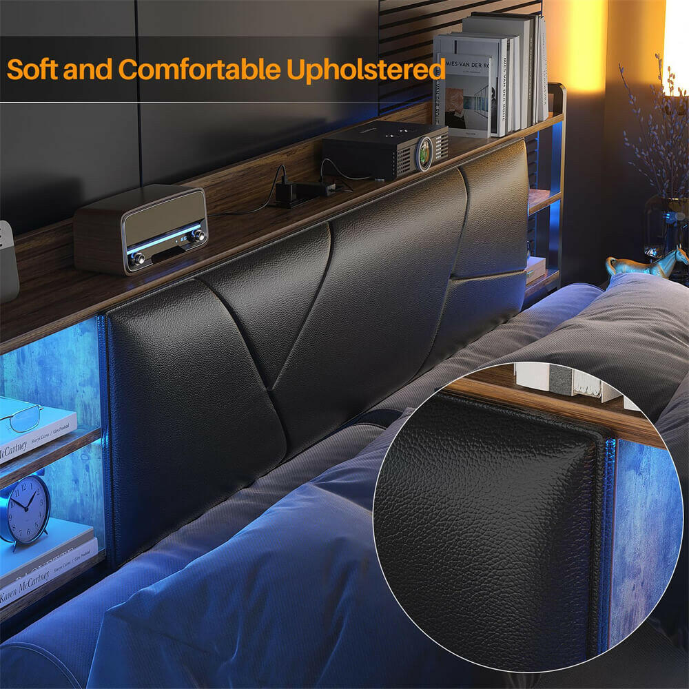 Queen Bed Frame with Upholstered Storage Headboard, Outlets, and LED Lights