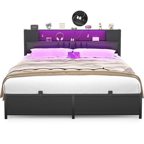 Unikito Queen Size Bed Frame with LED Light and Upholstered Storage Headboard, Metal Platform Full Bed Frame with Charging Station, No Box Spring Needed, Easy Assembly, Noise-Free