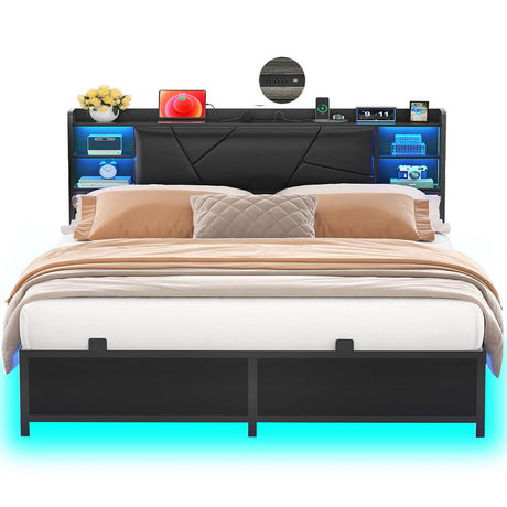 Queen Bed Frame with Upholstered Storage Headboard, Outlets, and LED Lights