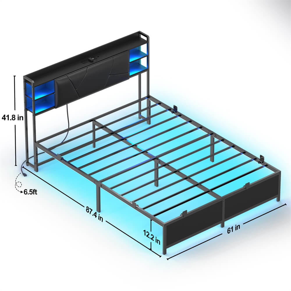 Queen Bed Frame with Upholstered Storage Headboard, Outlets, and LED Lights