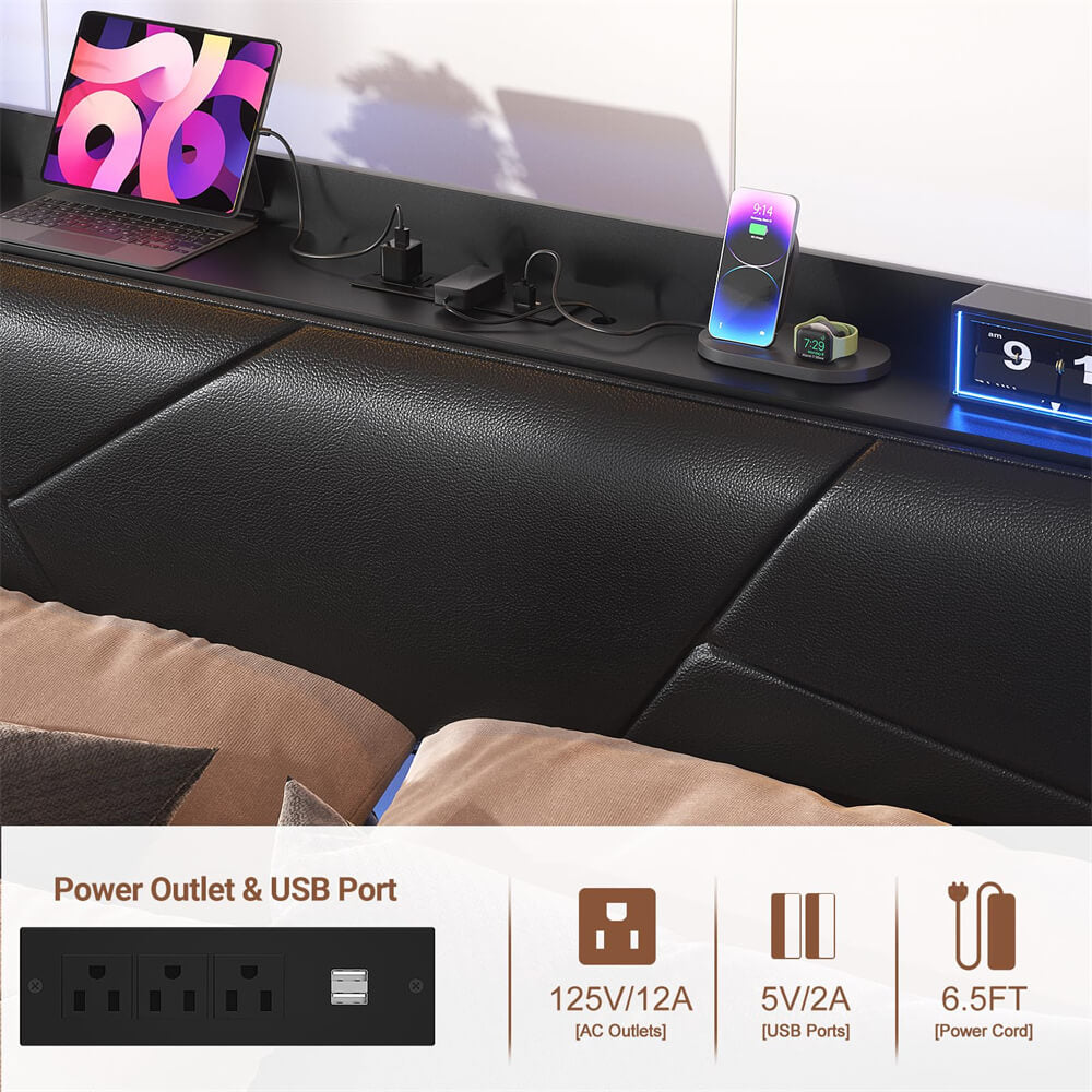 Queen Bed Frame with Upholstered Storage Headboard, Outlets, and LED Lights