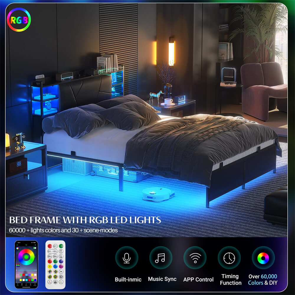 Queen Bed Frame with Upholstered Storage Headboard, Outlets, and LED Lights