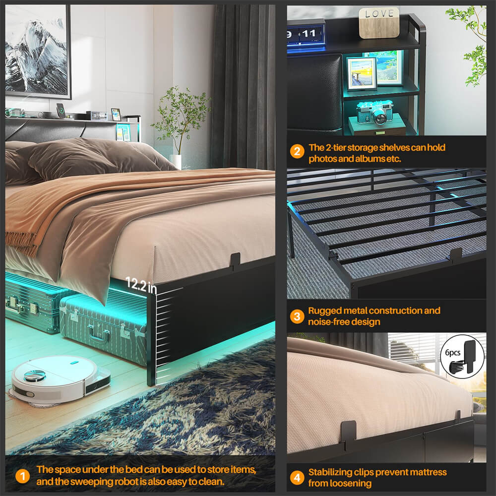 Queen Bed Frame with Upholstered Storage Headboard, Outlets, and LED Lights