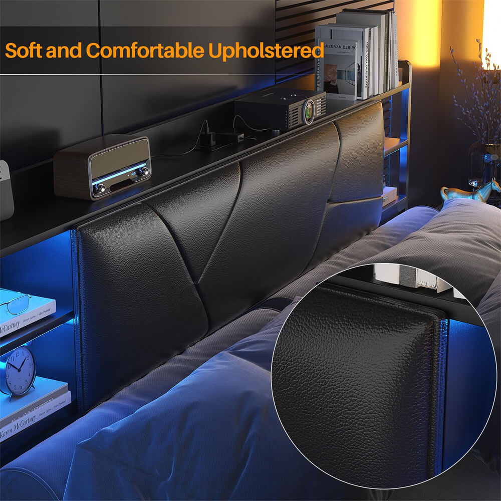 Queen Bed Frame with Upholstered Storage Headboard, Outlets, and LED Lights