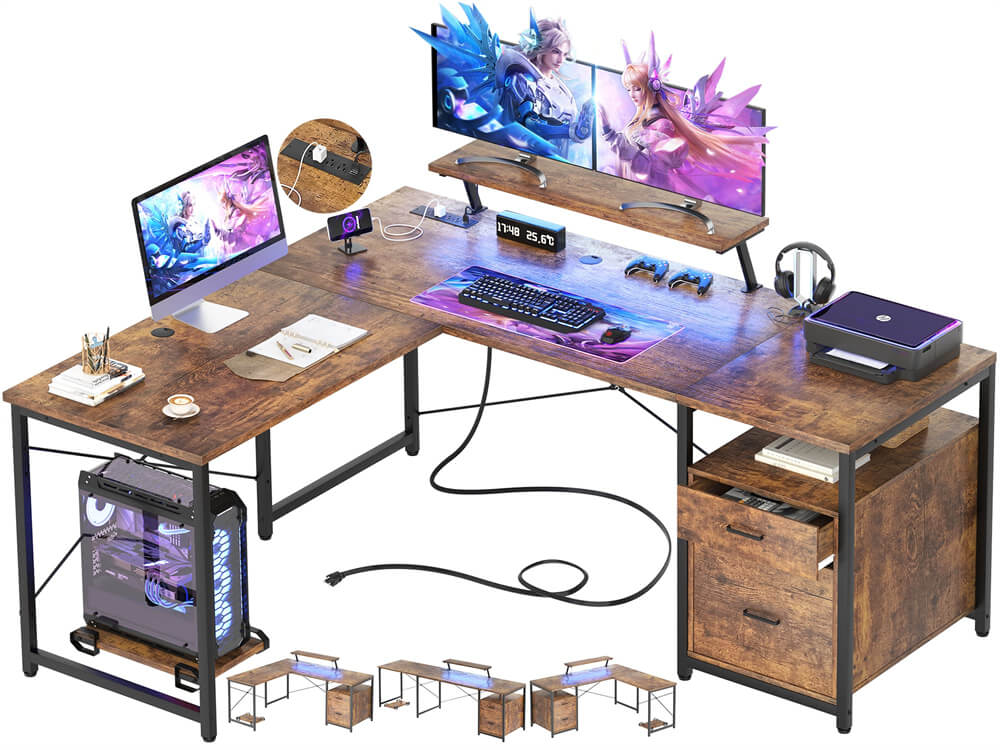 Unikito L-Shaped Desk with Power Outlet and LED Strip, Reversible File Drawer and Monitor Stand, Gaming Table Writing Desk for Home Office Workstation