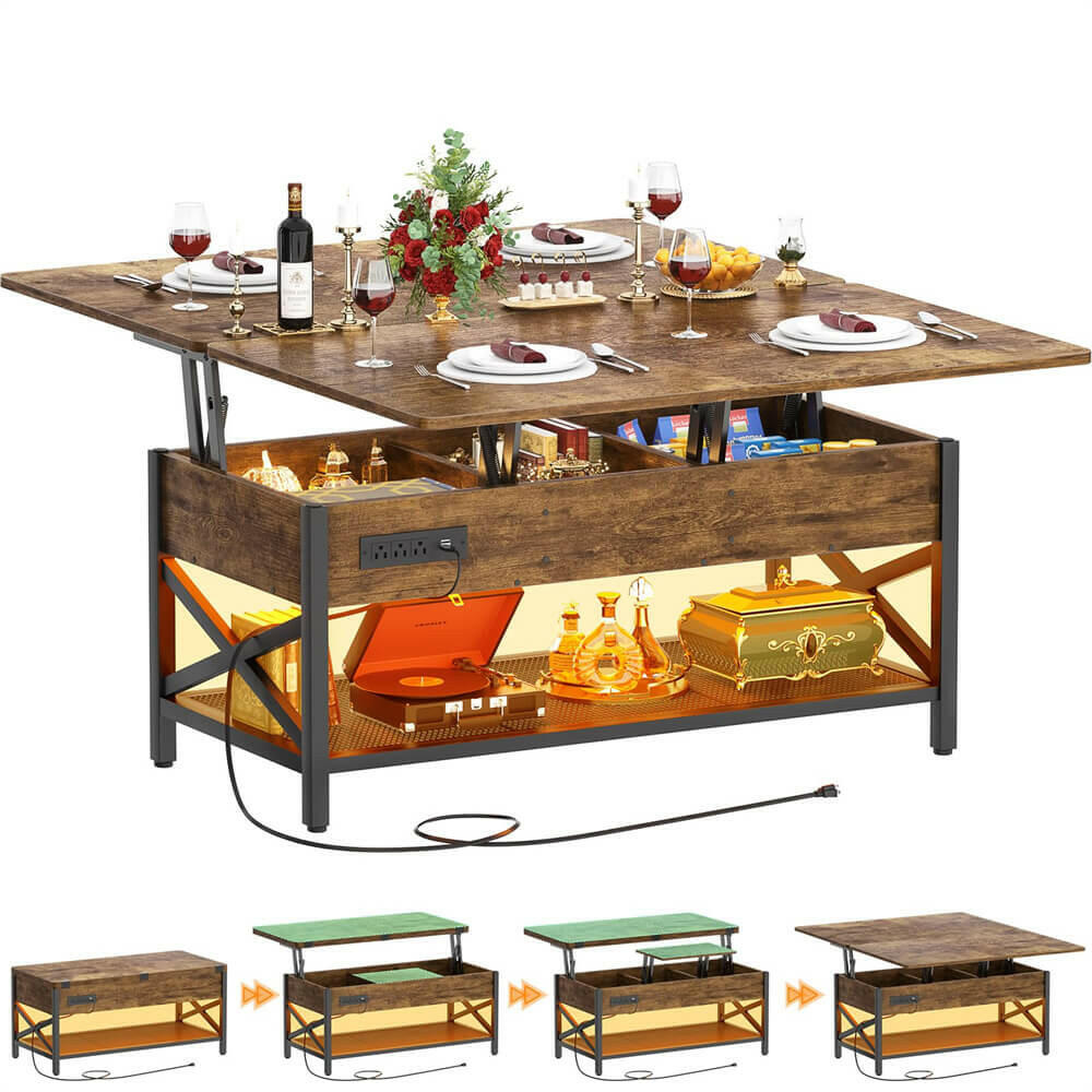 Lift Top Coffee Table, with Storage, LED Lights, and Power Outlets, for Living Room