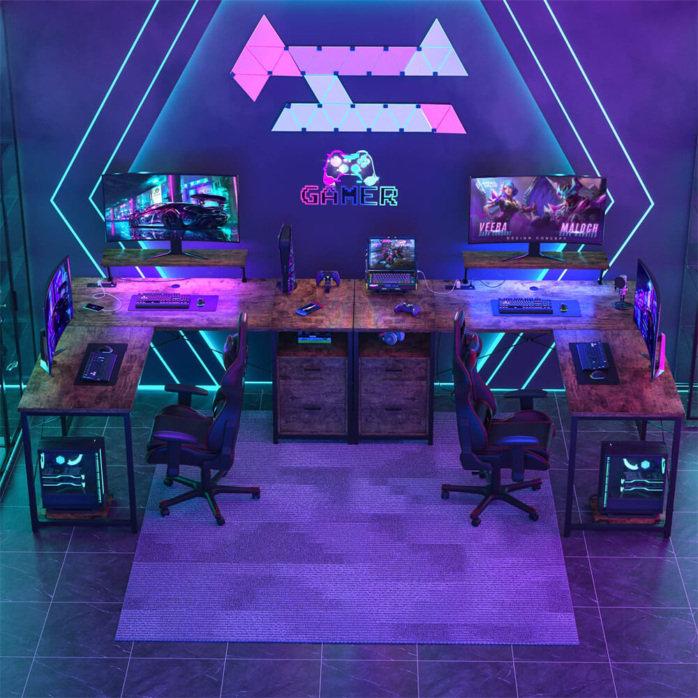 Unikito L-Shaped Desk with Power Outlet and LED Strip, Reversible File Drawer and Monitor Stand, Gaming Table Writing Desk for Home Office Workstation