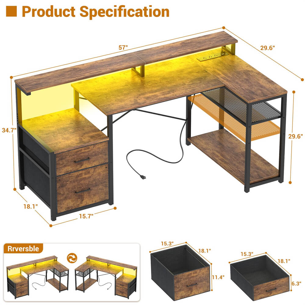 Reversible L Shaped Computer Desk Gaming Desk with File Drawer, Power Outlet & LED Strip