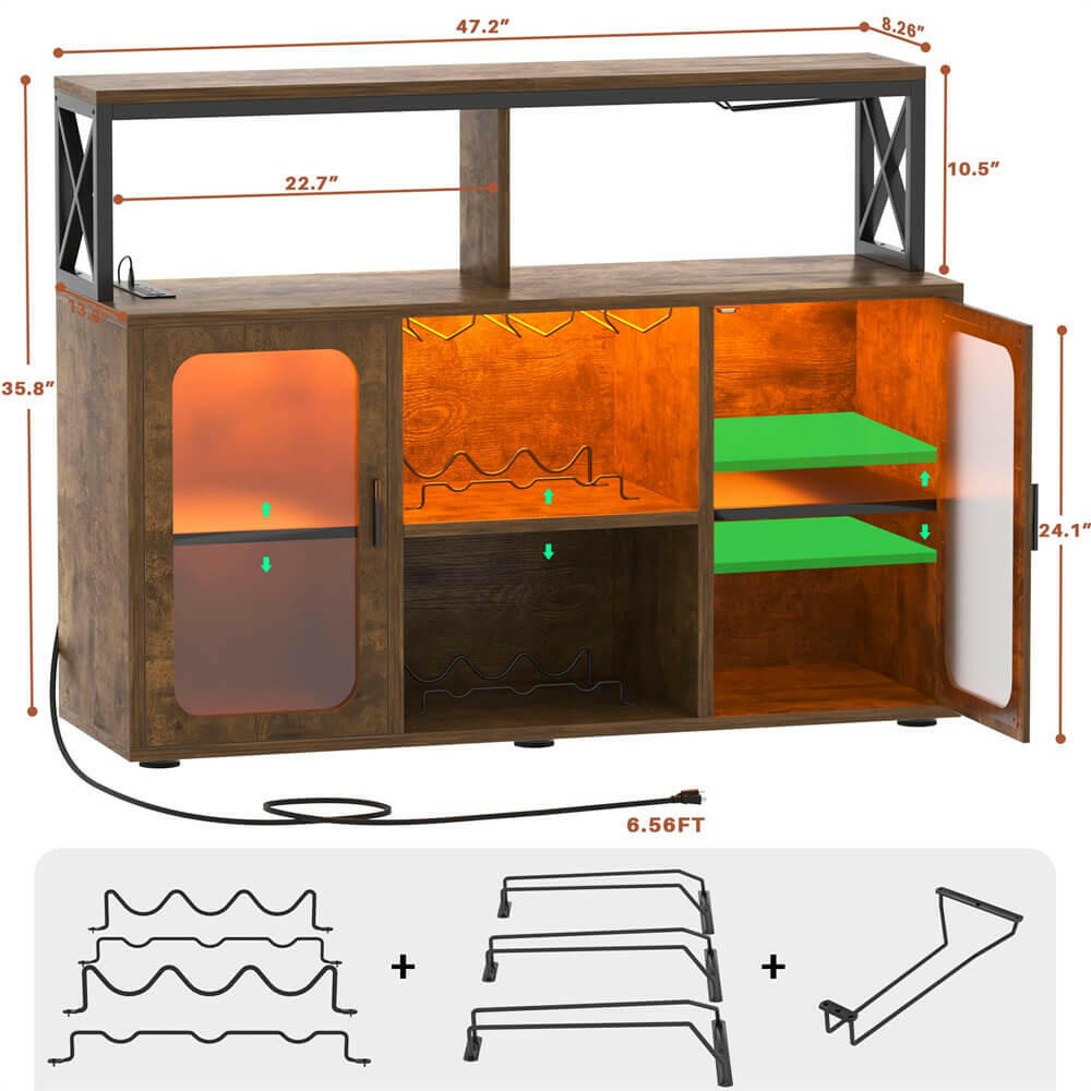 Unikito Bar Cabinet with Power Outlet, Liquor Cabinet with Led Lights and Glass Holders, Storage Buffet Cabinet Coffee Bar Cabinet for Liquor, Wine Cabinet with Racks for Home, Kitchen