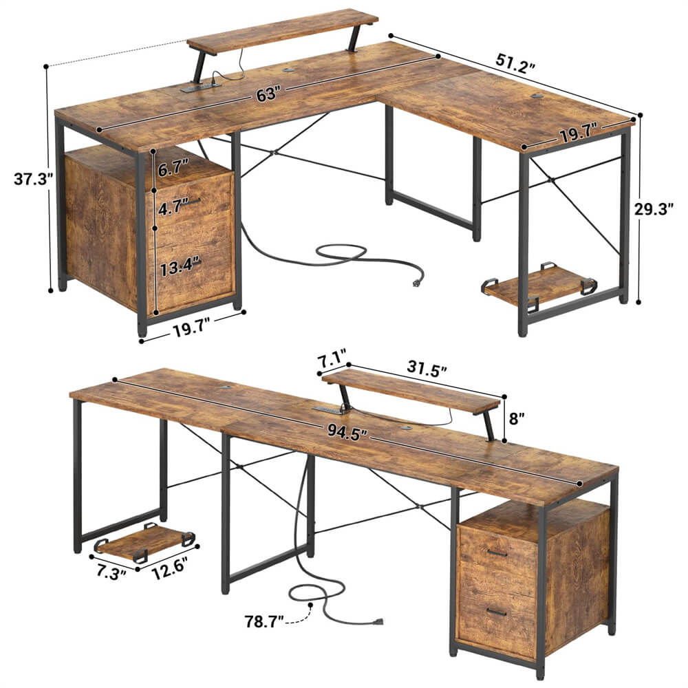 Unikito L-Shaped Desk with Power Outlet and LED Strip, Reversible File Drawer and Monitor Stand, Gaming Table Writing Desk for Home Office Workstation