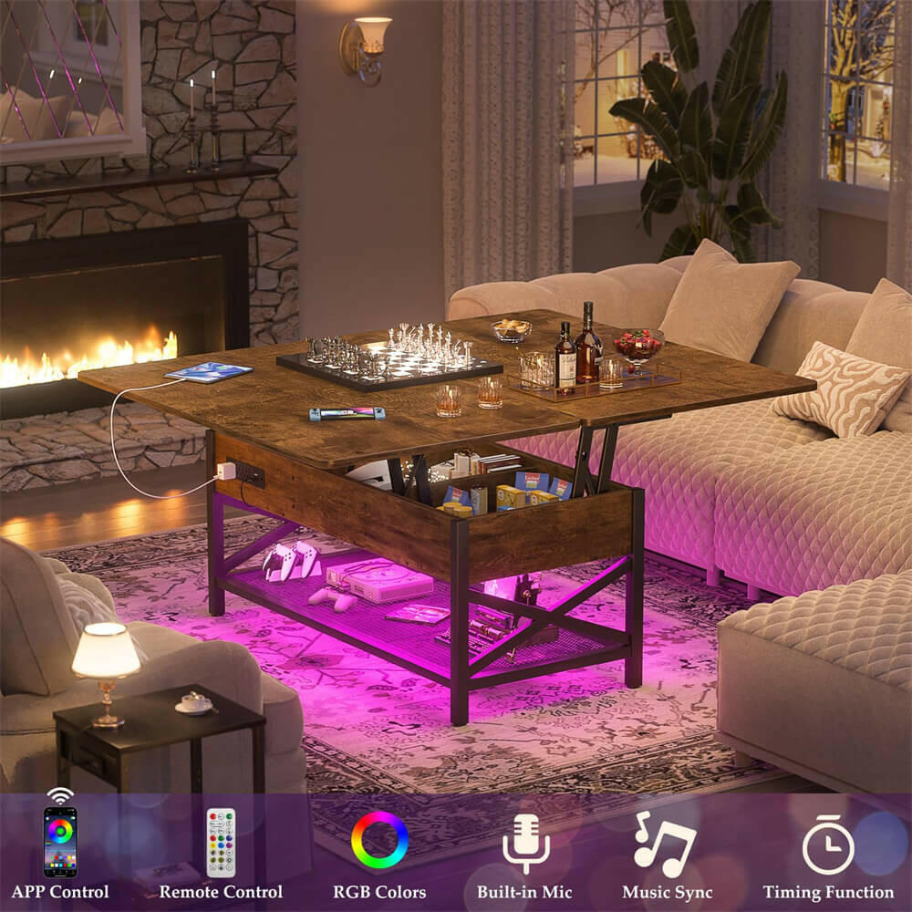 Lift Top Coffee Table, with Storage, LED Lights, and Power Outlets, for Living Room