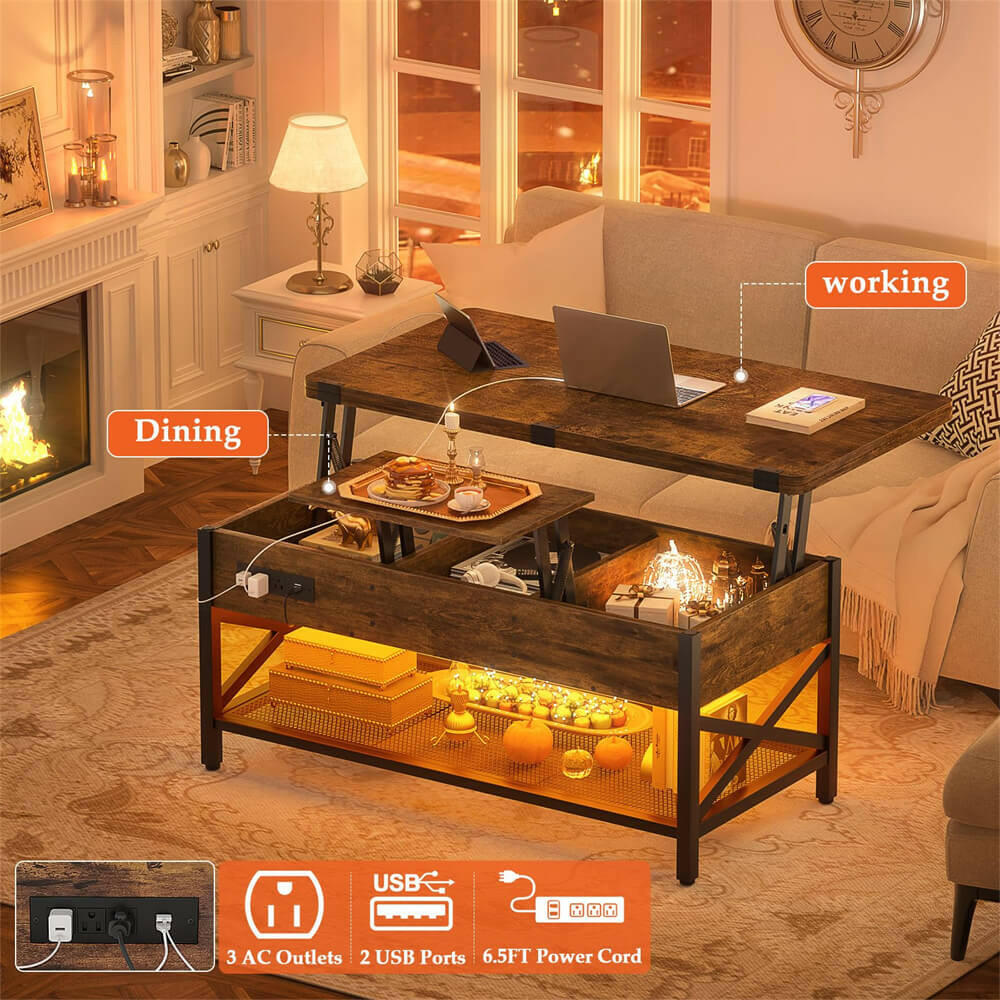 Lift Top Coffee Table, with Storage, LED Lights, and Power Outlets, for Living Room