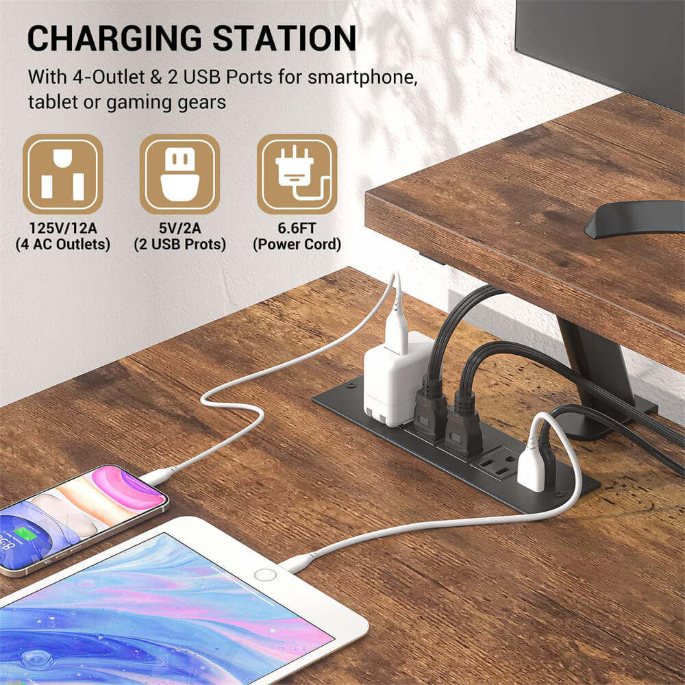Unikito L-Shaped Desk with Power Outlet and LED Strip, Reversible File Drawer and Monitor Stand, Gaming Table Writing Desk for Home Office Workstation