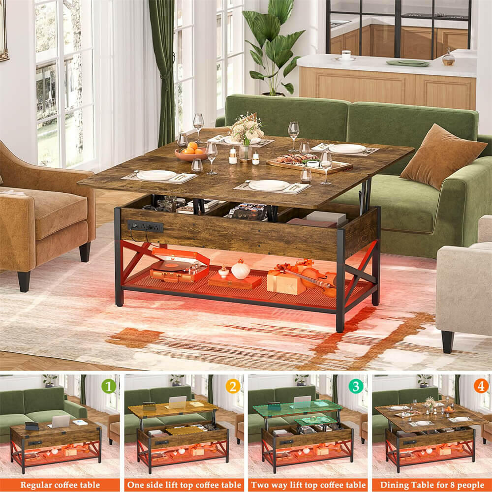 Lift Top Coffee Table, with Storage, LED Lights, and Power Outlets, for Living Room