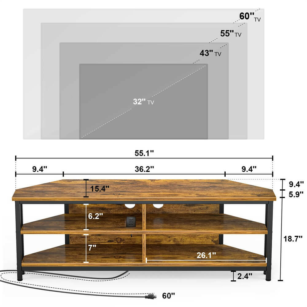 Unikito 55'' Corner TV Stand with Power Outlet, Corner Entertainment Center TV Console Table with 4 Open Storage Shelves, Metal Frame for Living Room, Bedroom, Industrial 60'' Corner TV Stand
