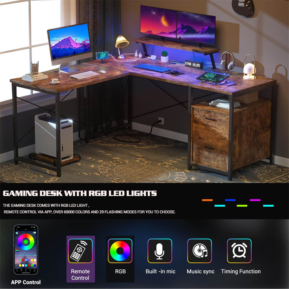 Unikito L-Shaped Desk with Power Outlet and LED Strip, Reversible File Drawer and Monitor Stand, Gaming Table Writing Desk for Home Office Workstation