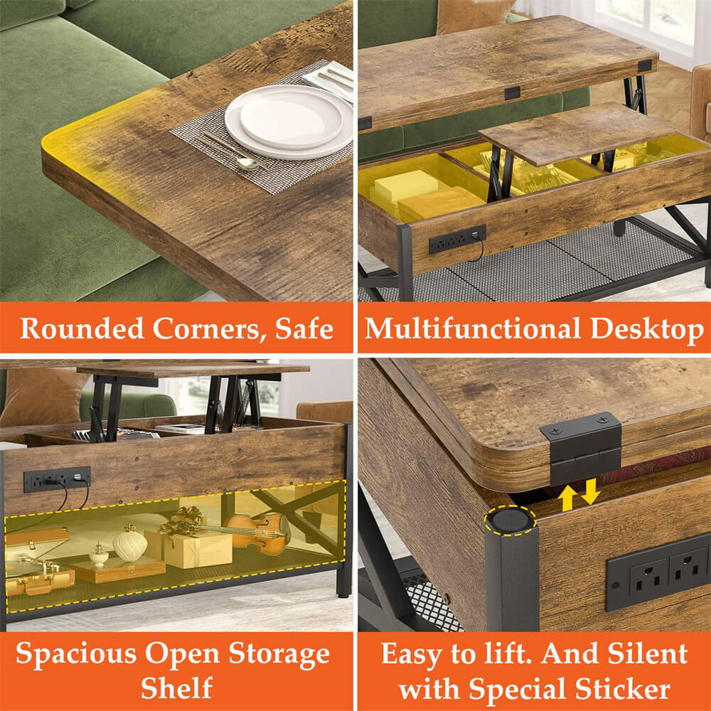 Lift Top Coffee Table, with Storage, LED Lights, and Power Outlets, for Living Room