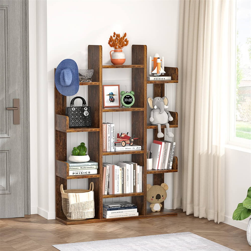 Tall Wooden Bookshelf, Tree-Shaped Bookcase Storage Shelf with 13 Compartments