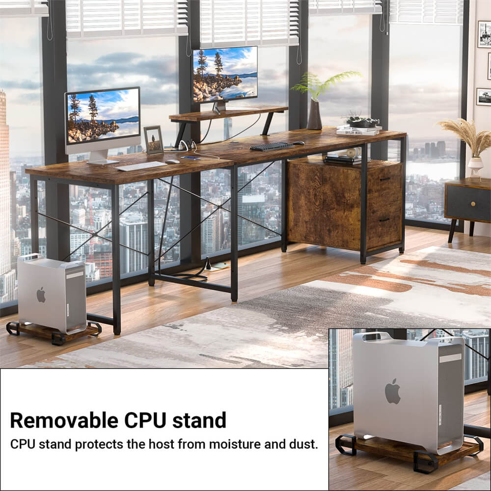 Unikito L-Shaped Desk with Power Outlet and LED Strip, Reversible File Drawer and Monitor Stand, Gaming Table Writing Desk for Home Office Workstation