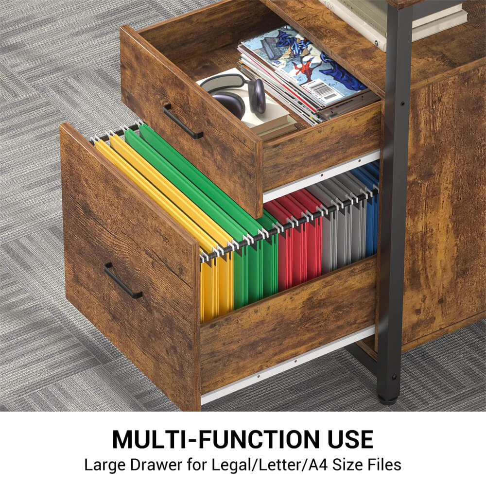 Unikito L-Shaped Desk with Power Outlet and LED Strip, Reversible File Drawer and Monitor Stand, Gaming Table Writing Desk for Home Office Workstation