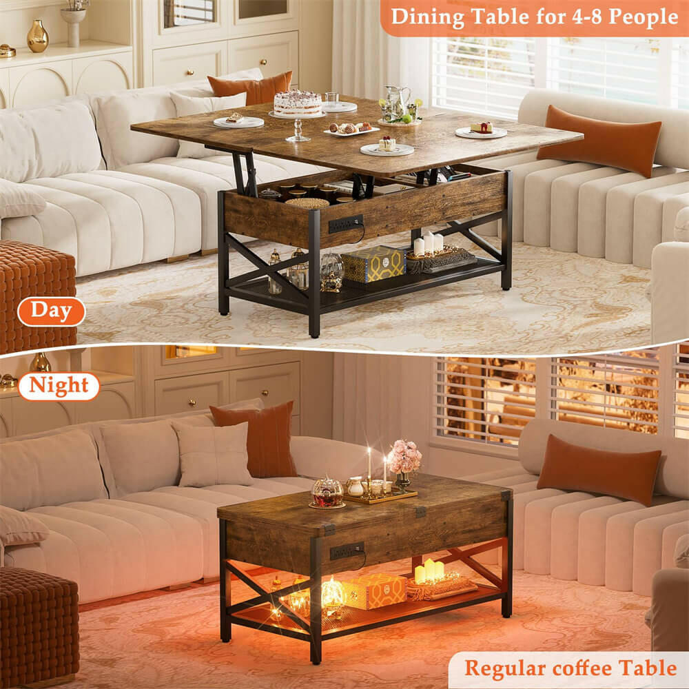 Lift Top Coffee Table, with Storage, LED Lights, and Power Outlets, for Living Room