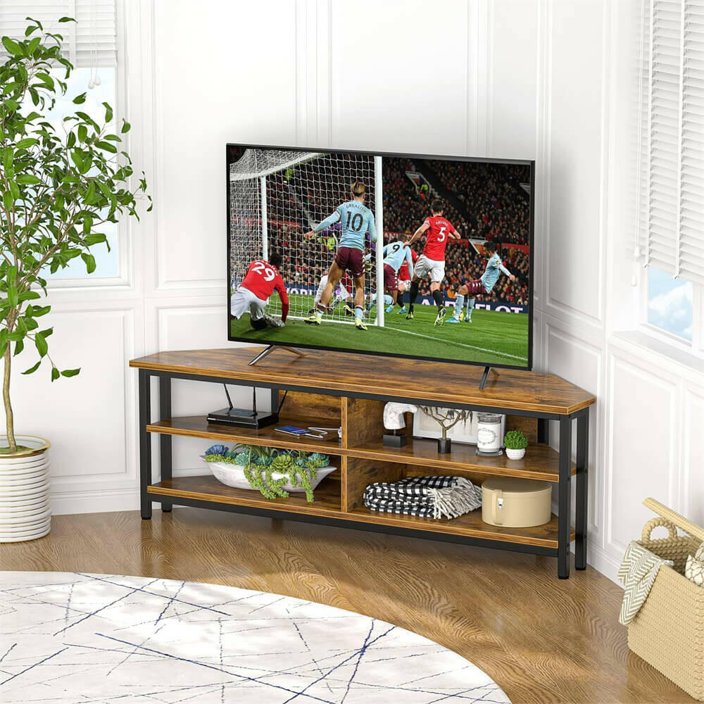 Unikito 55'' Corner TV Stand with Power Outlet, Corner Entertainment Center TV Console Table with 4 Open Storage Shelves, Metal Frame for Living Room, Bedroom, Industrial 60'' Corner TV Stand