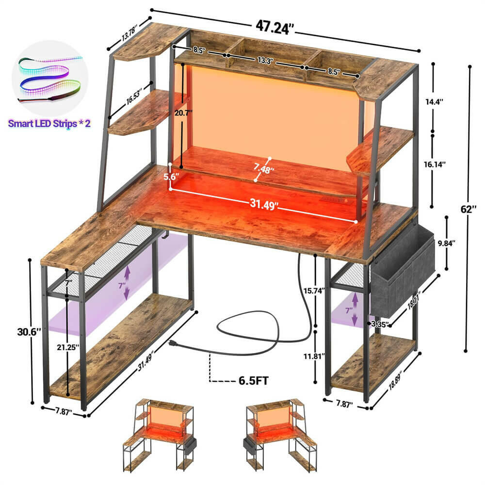 Unikito L Shaped Gaming Desk with Hutch & Shelves, 47'' Gaming Computer Desk with LED Lights & Power Strips, Reversible PC Gaming Desk L Shape with Storage, L Desk for Gaming with Monitor Stand