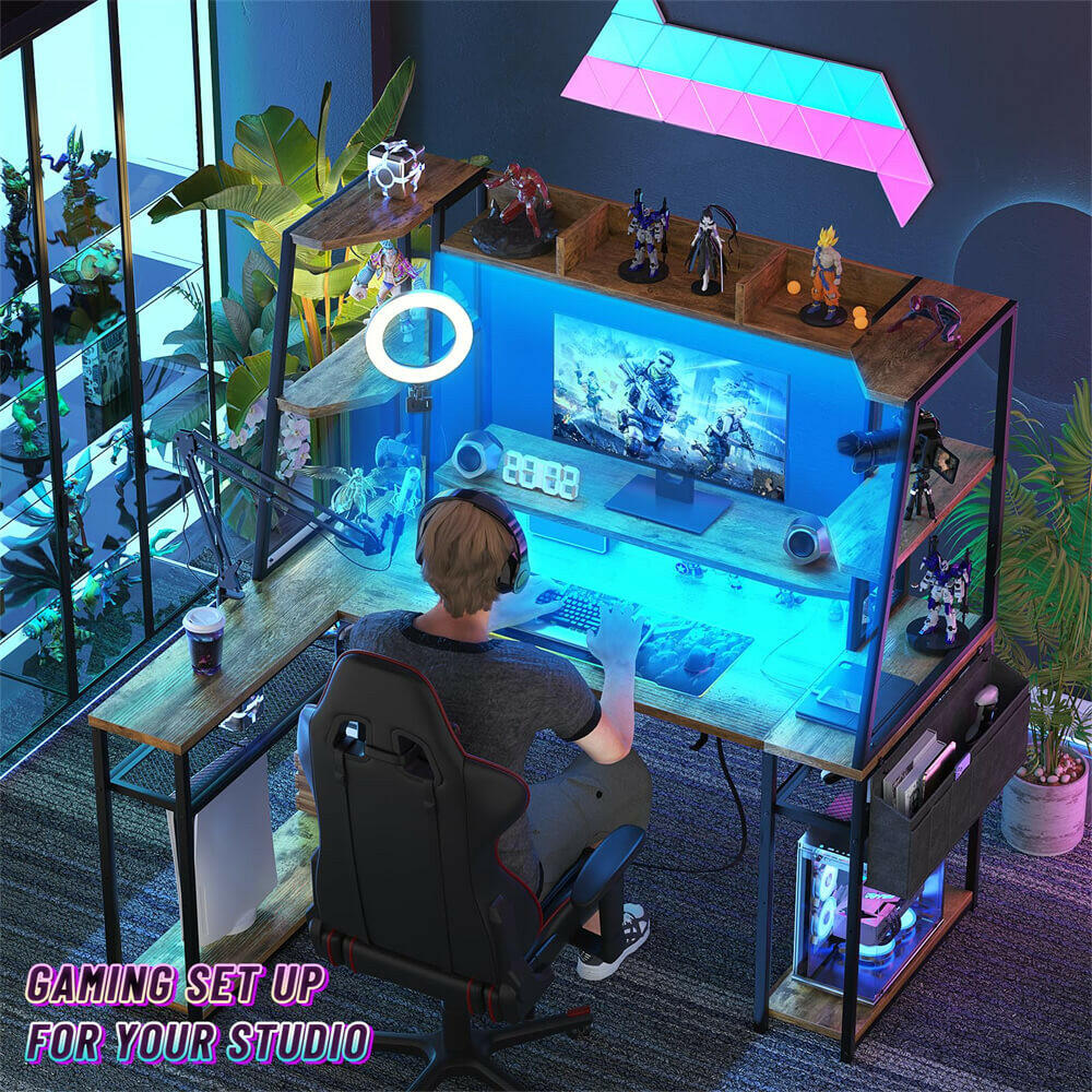 Unikito L Shaped Gaming Desk with Hutch & Shelves, 47'' Gaming Computer Desk with LED Lights & Power Strips, Reversible PC Gaming Desk L Shape with Storage, L Desk for Gaming with Monitor Stand