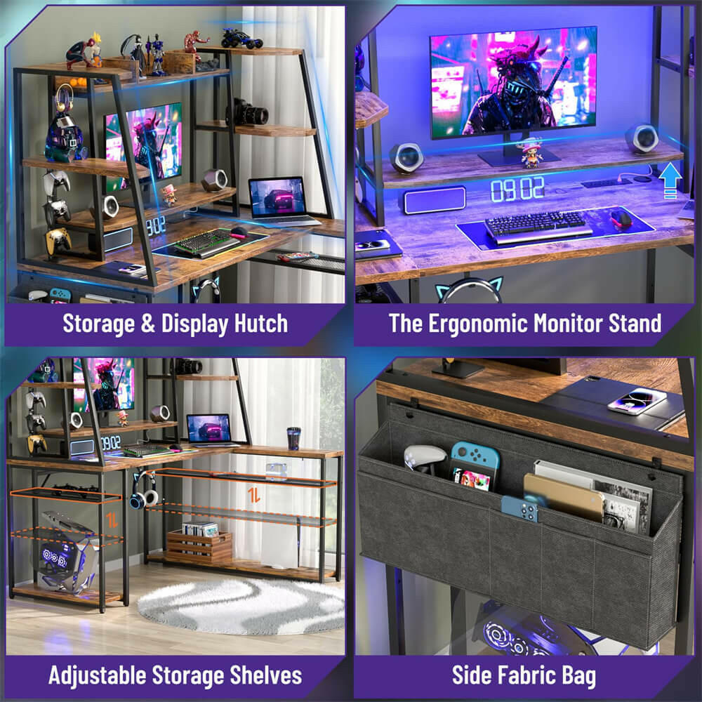 Unikito L Shaped Gaming Desk with Hutch & Shelves, 47'' Gaming Computer Desk with LED Lights & Power Strips, Reversible PC Gaming Desk L Shape with Storage, L Desk for Gaming with Monitor Stand