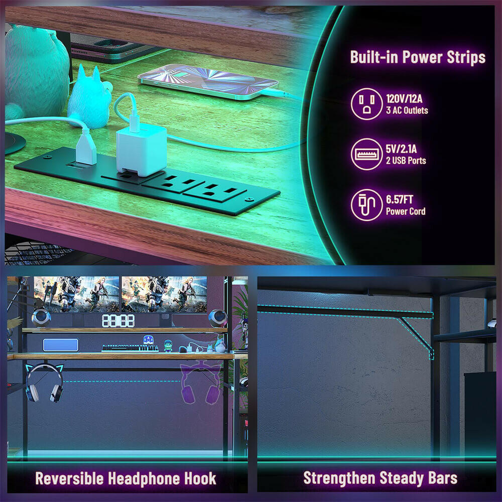 Unikito L Shaped Gaming Desk with Hutch & Shelves, 47'' Gaming Computer Desk with LED Lights & Power Strips, Reversible PC Gaming Desk L Shape with Storage, L Desk for Gaming with Monitor Stand