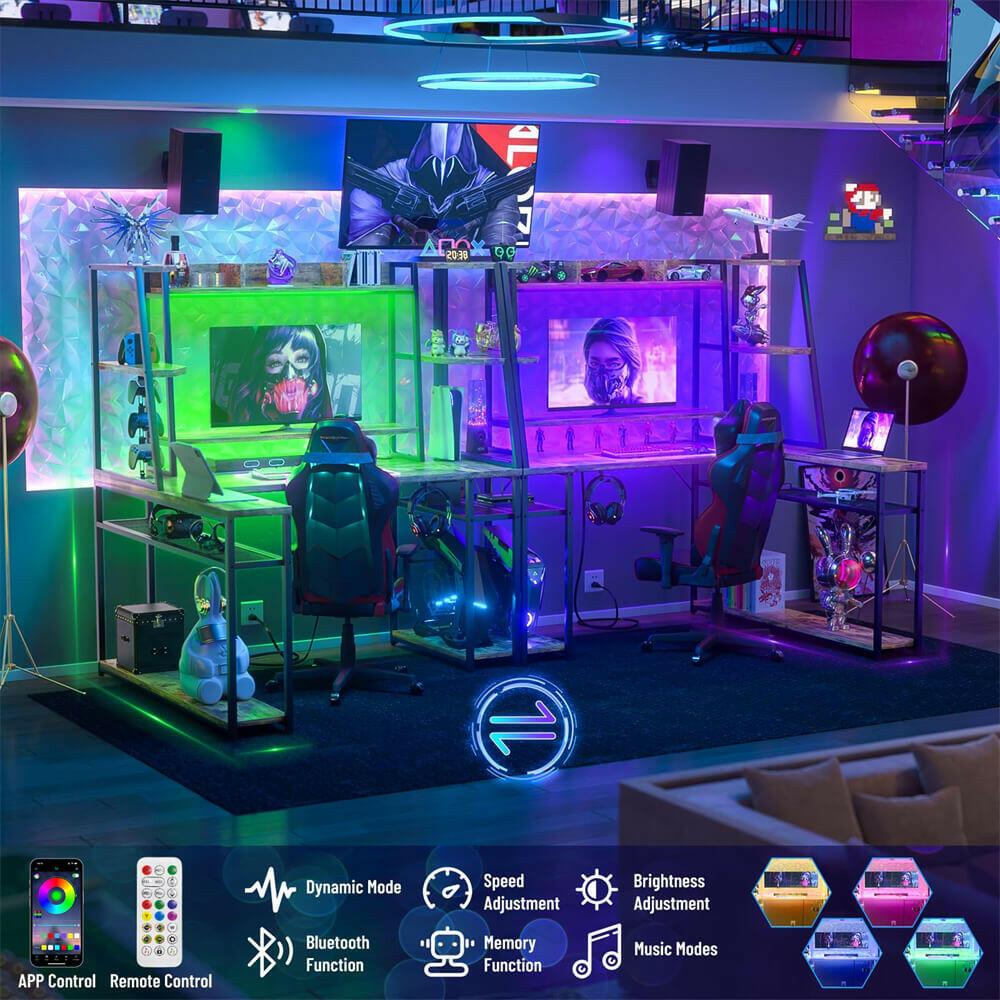 Unikito L Shaped Gaming Desk with Hutch & Shelves, 47'' Gaming Computer Desk with LED Lights & Power Strips, Reversible PC Gaming Desk L Shape with Storage, L Desk for Gaming with Monitor Stand