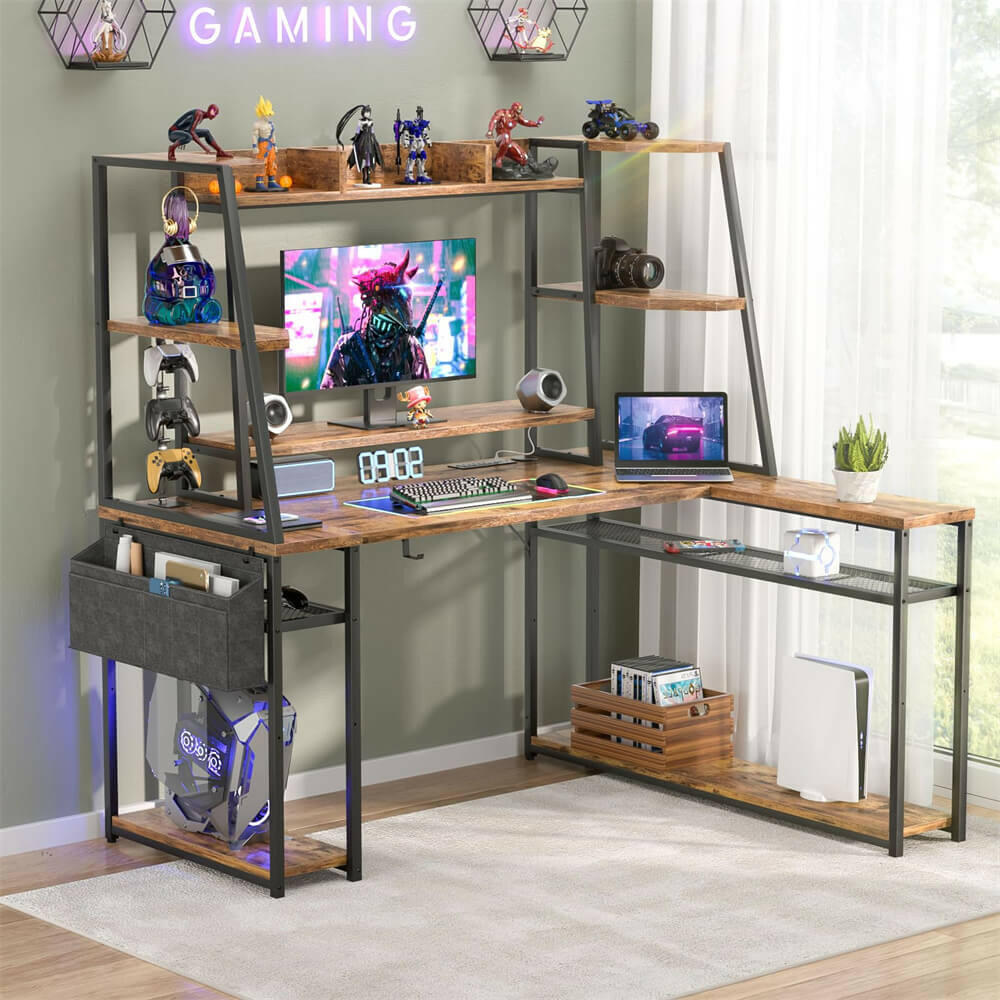 Unikito L Shaped Gaming Desk with Hutch & Shelves, 47'' Gaming Computer Desk with LED Lights & Power Strips, Reversible PC Gaming Desk L Shape with Storage, L Desk for Gaming with Monitor Stand