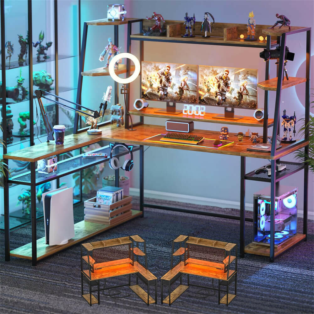 Unikito L Shaped Gaming Desk with LED Lights & Power Strips, 63'' Reversible Gaming Table Desk with Hutch, L-Shaped PC Gaming Desk with Storage, L Gamer Desk with Monitor Stand & Hook