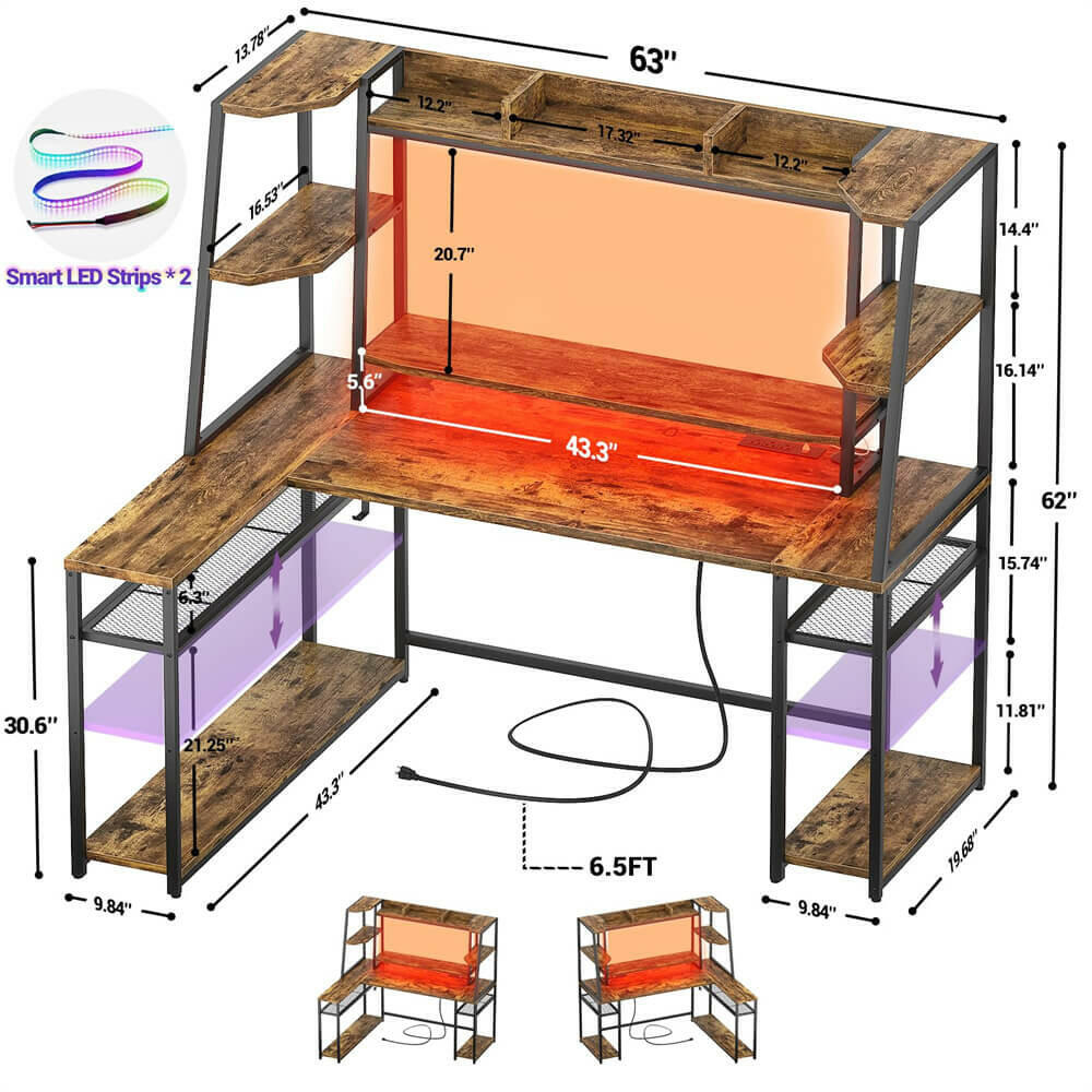 Unikito L Shaped Gaming Desk with LED Lights & Power Strips, 63'' Reversible Gaming Table Desk with Hutch, L-Shaped PC Gaming Desk with Storage, L Gamer Desk with Monitor Stand & Hook