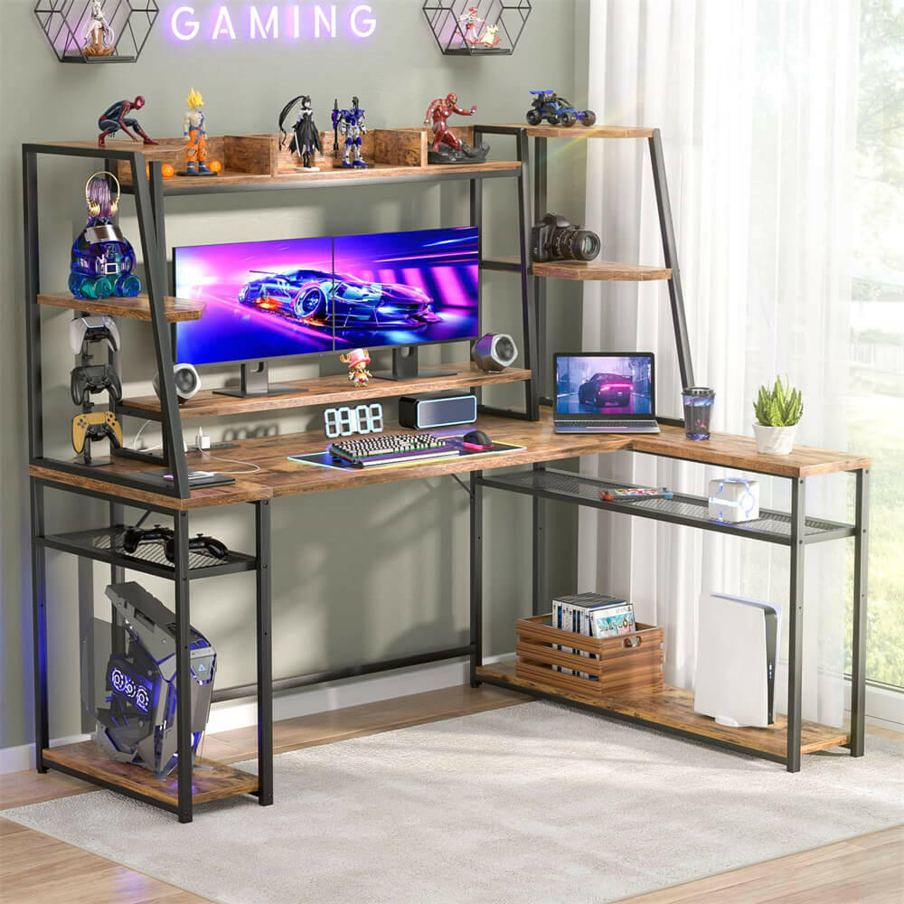 Unikito L Shaped Gaming Desk with LED Lights & Power Strips, 63'' Reversible Gaming Table Desk with Hutch, L-Shaped PC Gaming Desk with Storage, L Gamer Desk with Monitor Stand & Hook