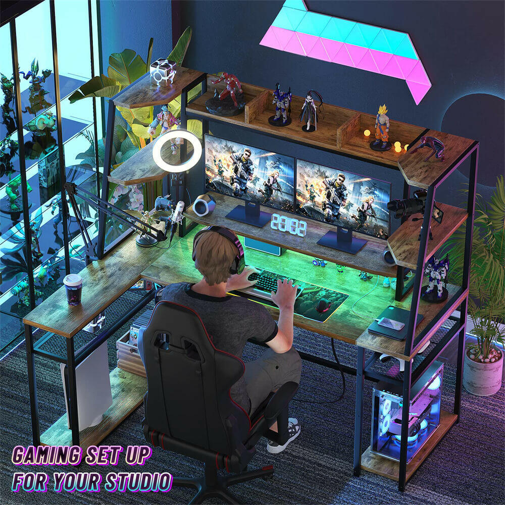Unikito L Shaped Gaming Desk with LED Lights & Power Strips, 63'' Reversible Gaming Table Desk with Hutch, L-Shaped PC Gaming Desk with Storage, L Gamer Desk with Monitor Stand & Hook