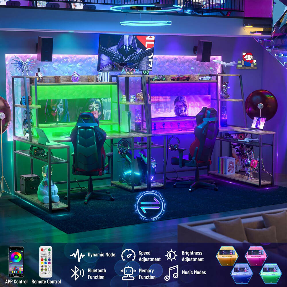 Unikito L Shaped Gaming Desk with LED Lights & Power Strips, 63'' Reversible Gaming Table Desk with Hutch, L-Shaped PC Gaming Desk with Storage, L Gamer Desk with Monitor Stand & Hook